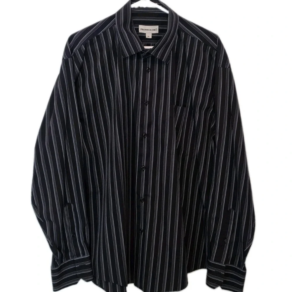 Pronto Uomo 100% Cotton Long Sleeve Button Down Shirt Black Gray Striped XL